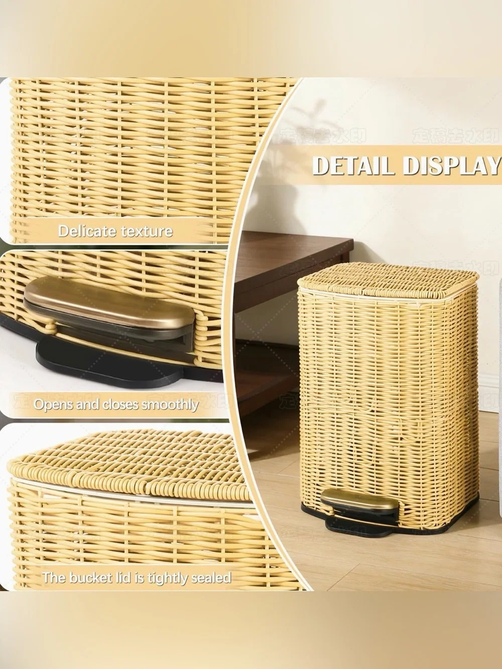 Handwoven Faux Rattan Trash Can Wicker Soft Slow Close Lid, Gold Tone Foot Pedal